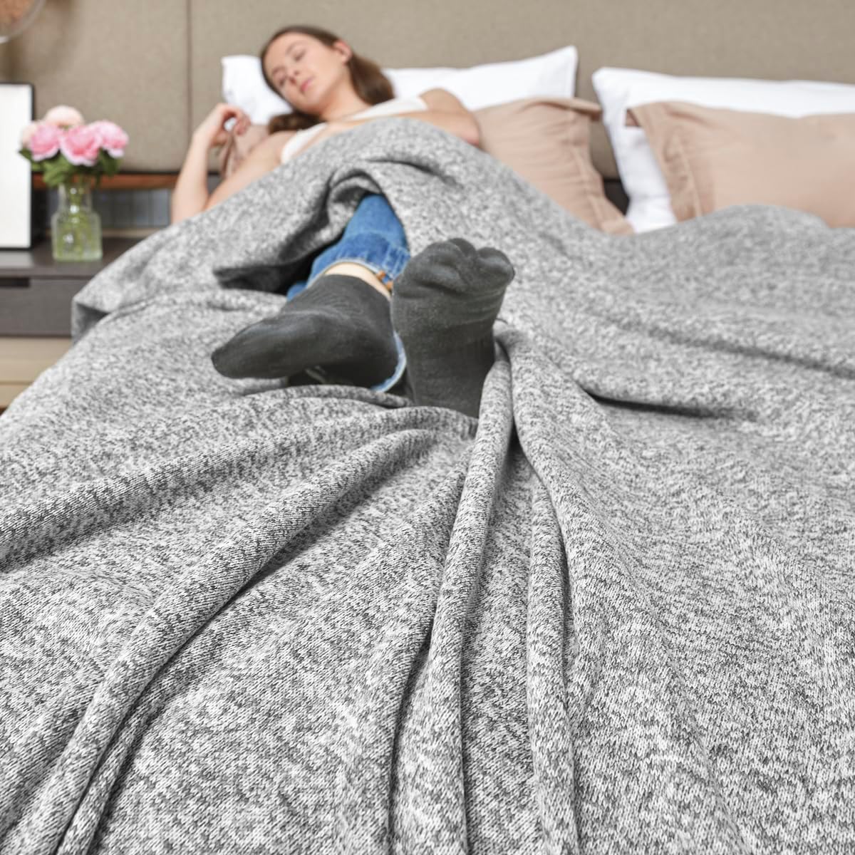 Queen Size Heather Grey Jersey Blanket Lightweight Breathable Soft Knit Blanket 90x90 Inches