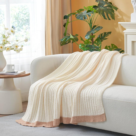 Reversible Cream Throw Blanket Soft Fluffy Cozy Microfiber Couch Blanket 50x60 Inches