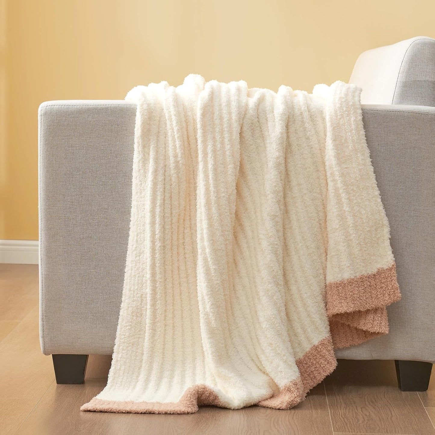 Reversible Cream Throw Blanket Soft Fluffy Cozy Microfiber Couch Blanket 50x60 Inches